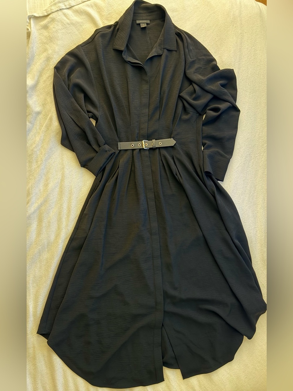 Halogen Pleated Belted Midi Shirt Dress Black Long Sleeve Size M NWOT - Picture 4 of 6